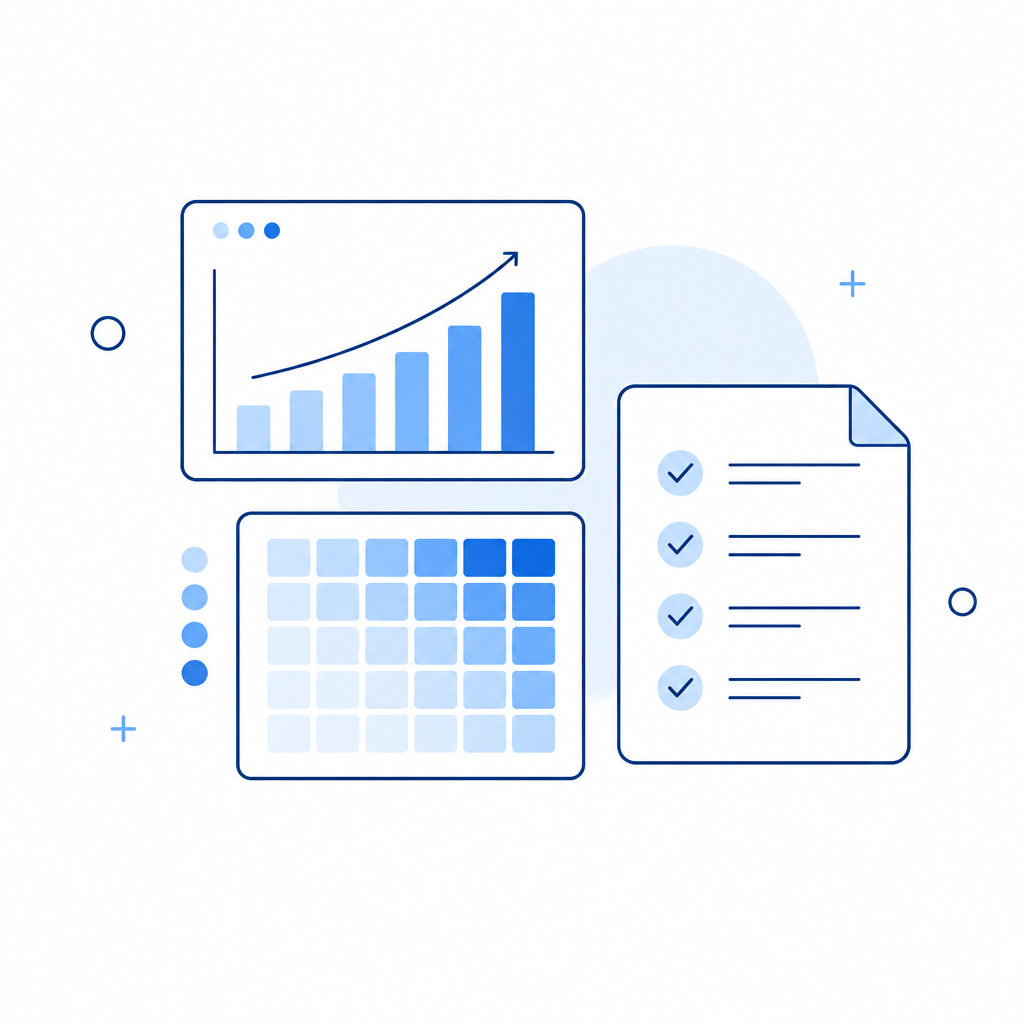 Minimalist illustration of a risk dashboard, heat map and checklist document